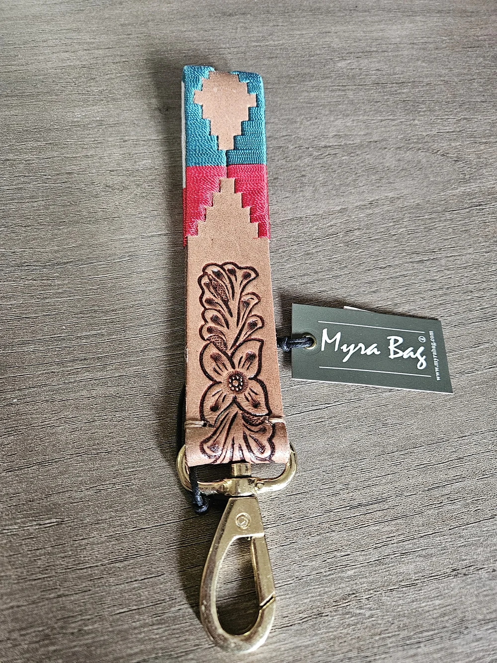 Myra Bag Turquoise & Red & White Embroidered Leather Key Fob Wristlet - NWT